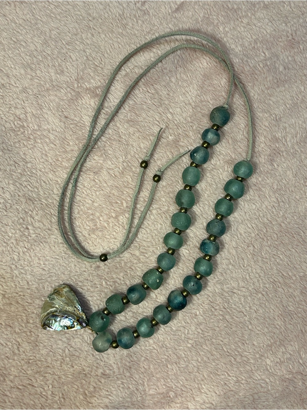 Seafoam Green Beaded Necklace with Shell Pendant